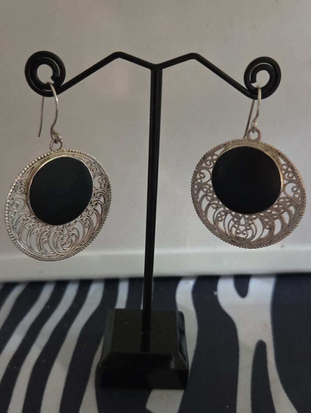Silver Filigree Drop Earrings with Black Onyx
